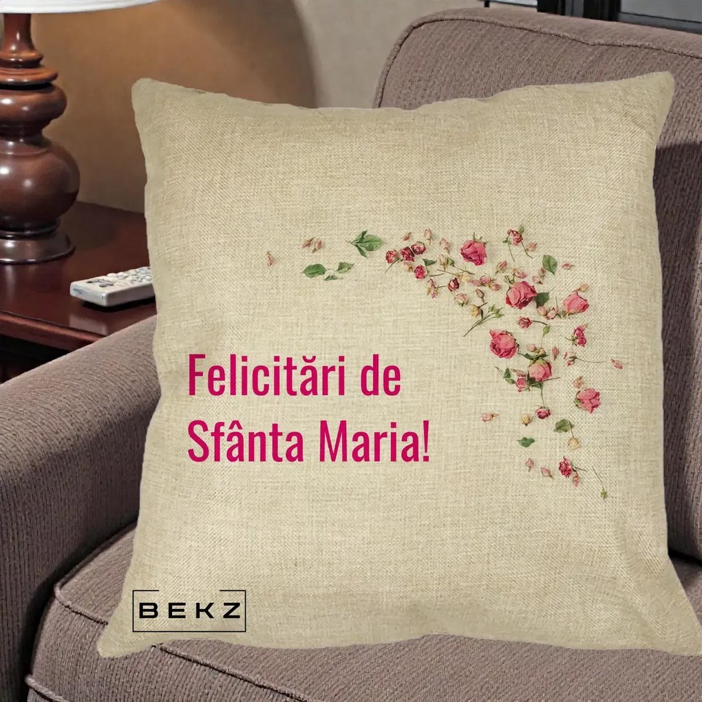 Cadou de Onomastica - Perna Personalizata Felicitari de Sfanta Maria, 40x40 cm, Crem, Husa Detasabila, Perna Inclusa, BEKZ®