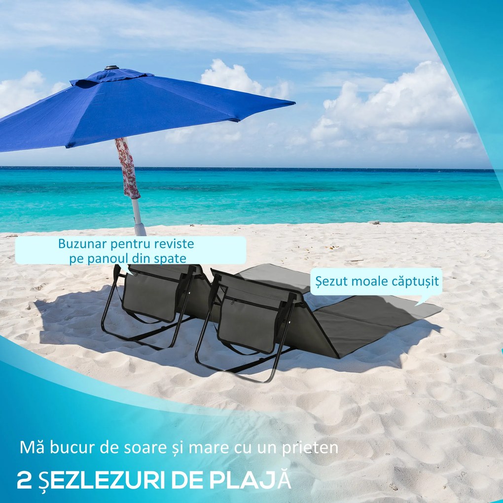 Outsunny Set 2 Șezlonguri Pliabile cu Unghi Reglabil și Buzunar cu Fermoar, 142x51x40 cm, Albastru | Aosom Romania