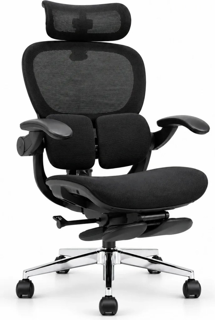 Scaun ergonomic MORATTI D5, Suport lombar dual 360°, Tetieră 4D, Șezut Zero-Pressure Frameless Mesh, Cotiere Flip-Back 4 poziții, Reclinare 135°, Suport picioare, Negru