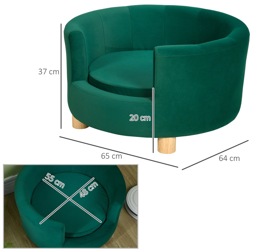 PawHut Canapea Verde Luxoasă pentru Câini, cu Spătar și Pernă Detașabilă, 65x64x37 cm | Aosom Romania