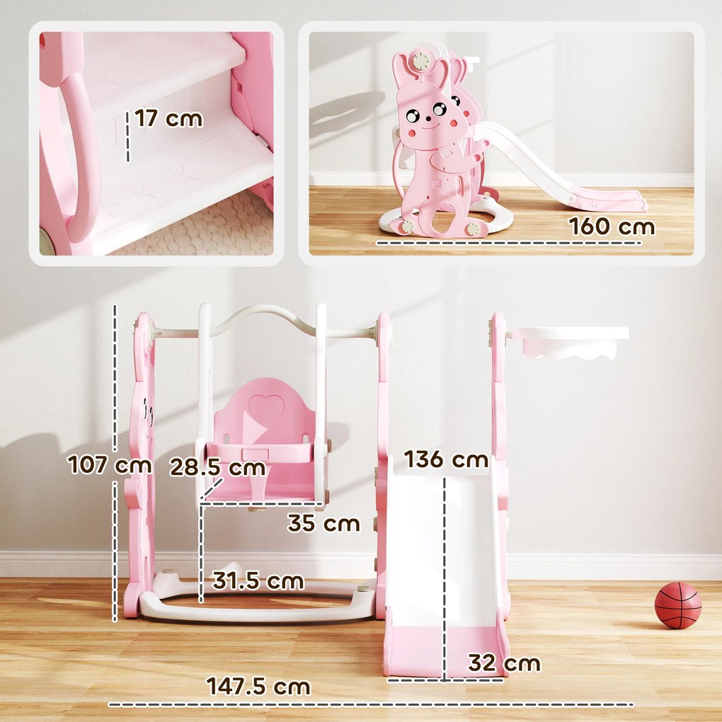 AIYAPLAY Tobogan și leagăn pentru copii 4 în 1 cu coș de baschet, tobogan, leagăn, 147,5x160x107cm, roz | Aosom Romania