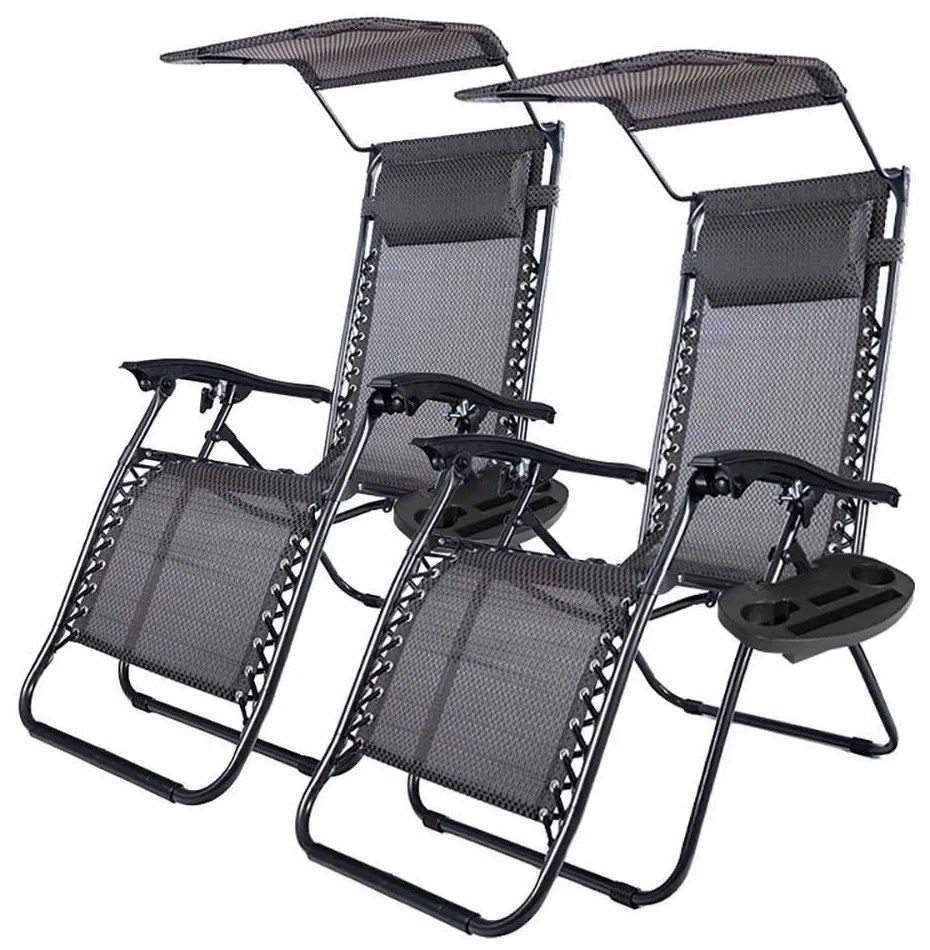 Scaun gravitatie zero cu parasolar si suport pentru pahar, 2 buc-negru