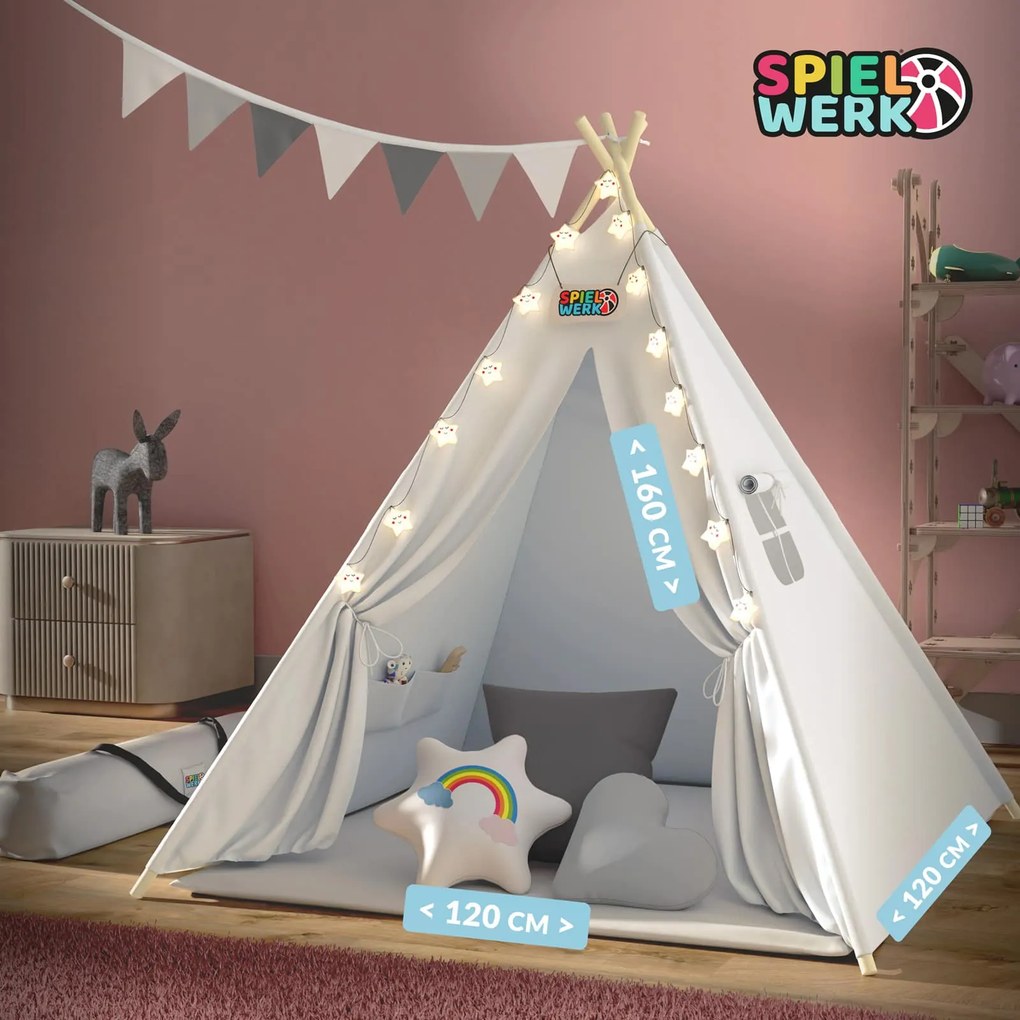 Spielwerk Cort tip teepee pentru copii JULIUS, 120x120x160cm, alb/gri