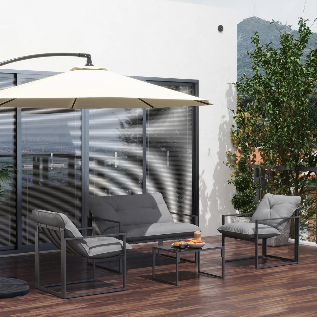 Outsunny Set Mobilier de Exterior cu Măsuță din Sticlă, Canapea, 2 Fotolii și Perne, Gri | Aosom Romania