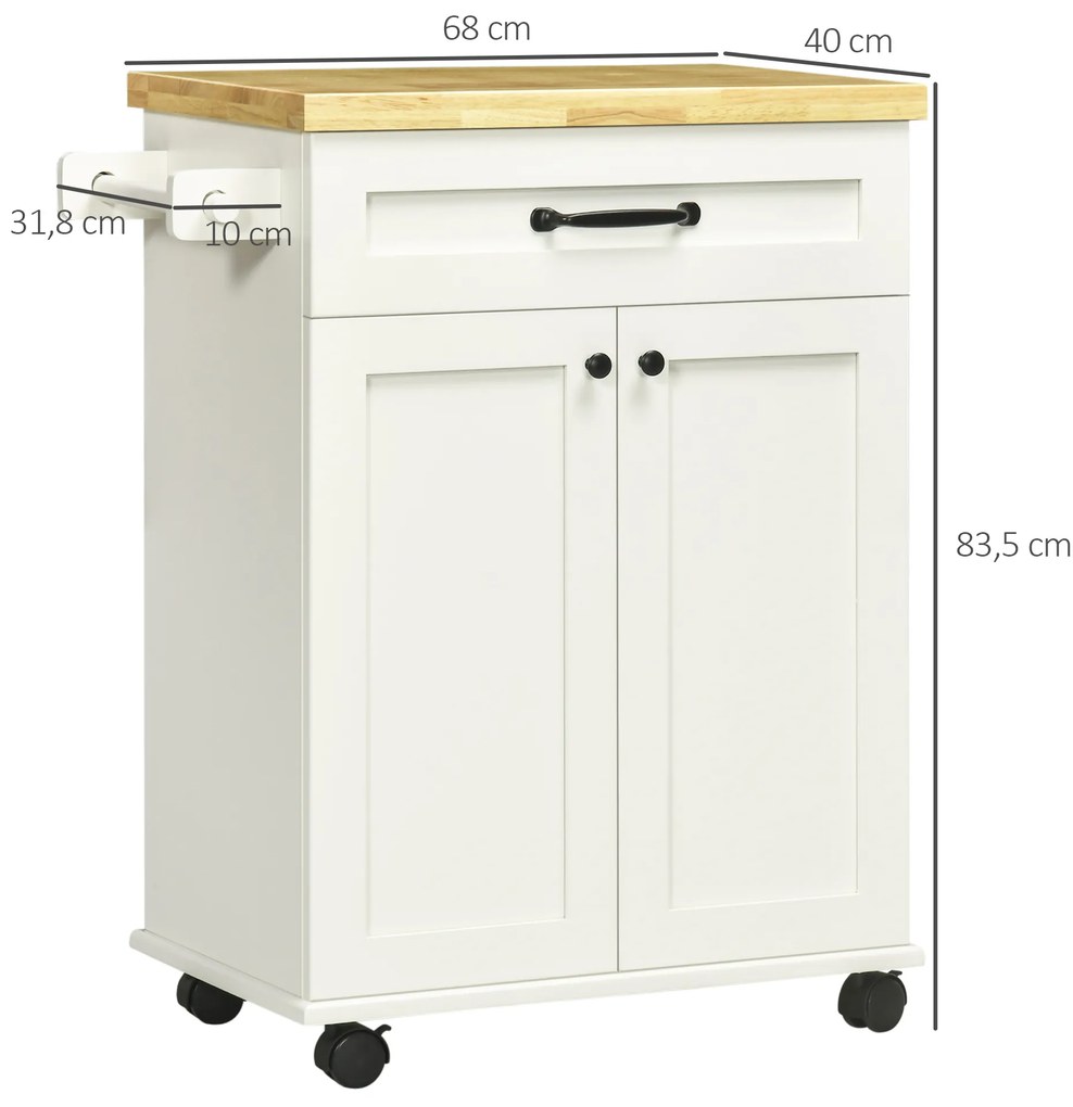 HOMCOM Căruț de bucătărie pe roți cu multiple depozitări 1 sertar 1 dulap 1 suport pentru prosoape alb cu blat din lemn | Aosom Romania