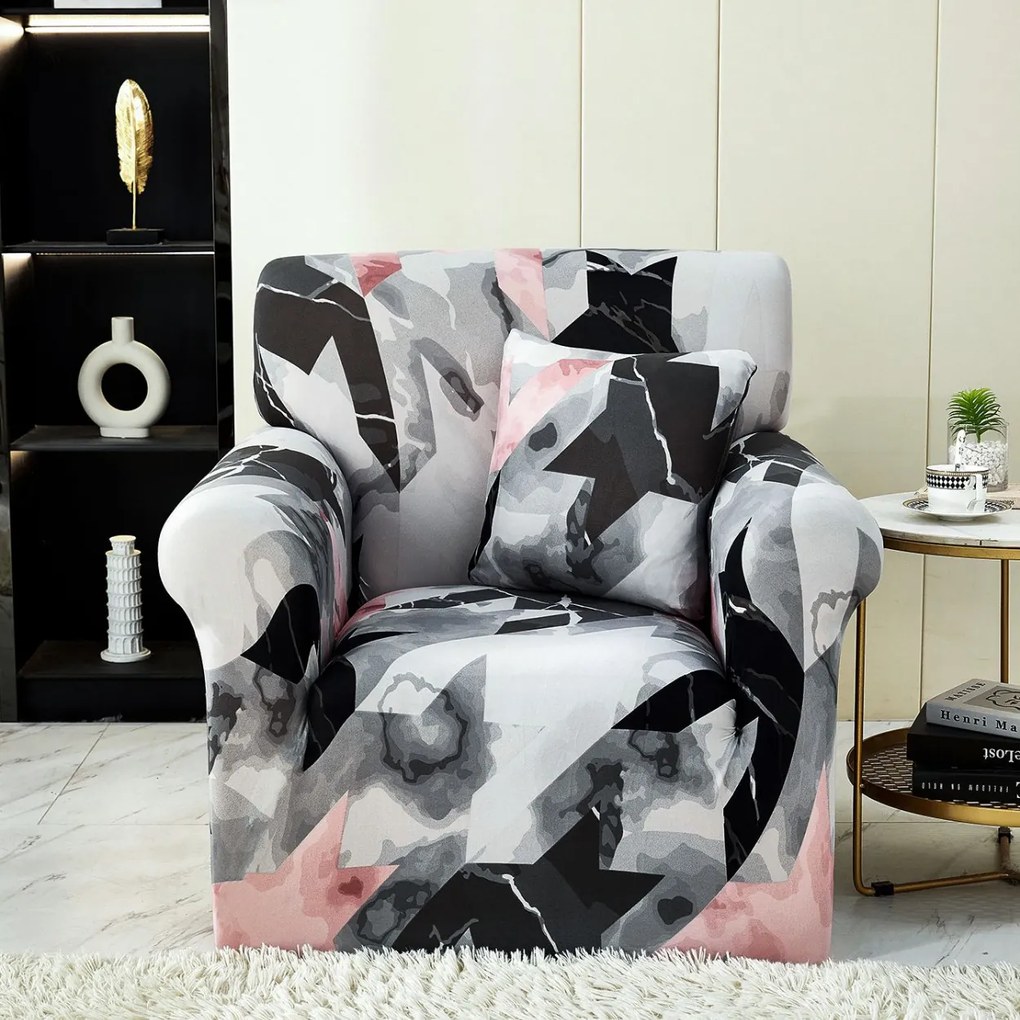 Set huse elastice, canapea 3 locuri + 2 fotolii, cu brate, gri / negru, SHEJ-36