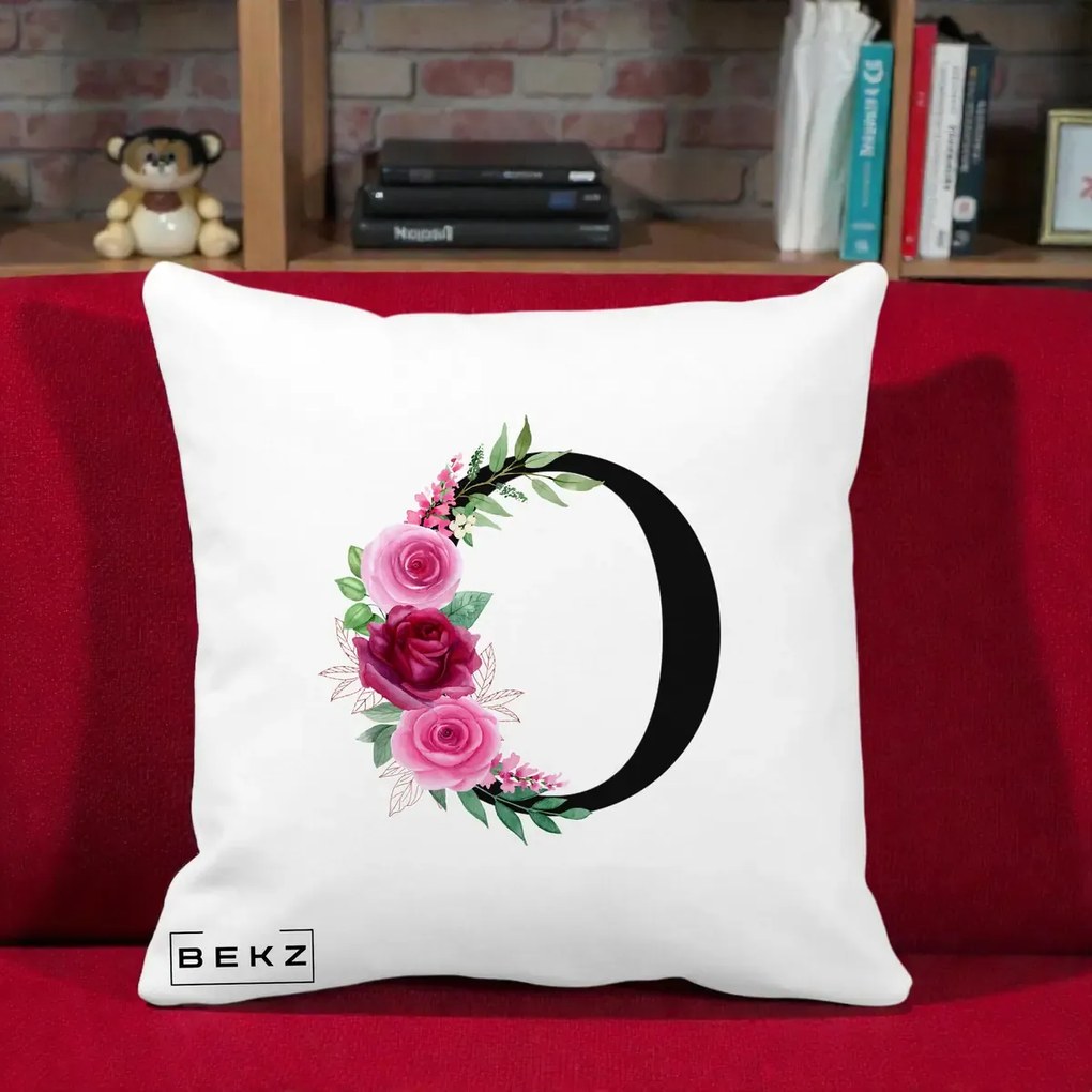 Cadou Personalizat - Perna Personalizata Monograma Florala Litera O, 40x40 cm, Alba Mata, Husa Detasabila, Perna Inclusa, BEKZ®