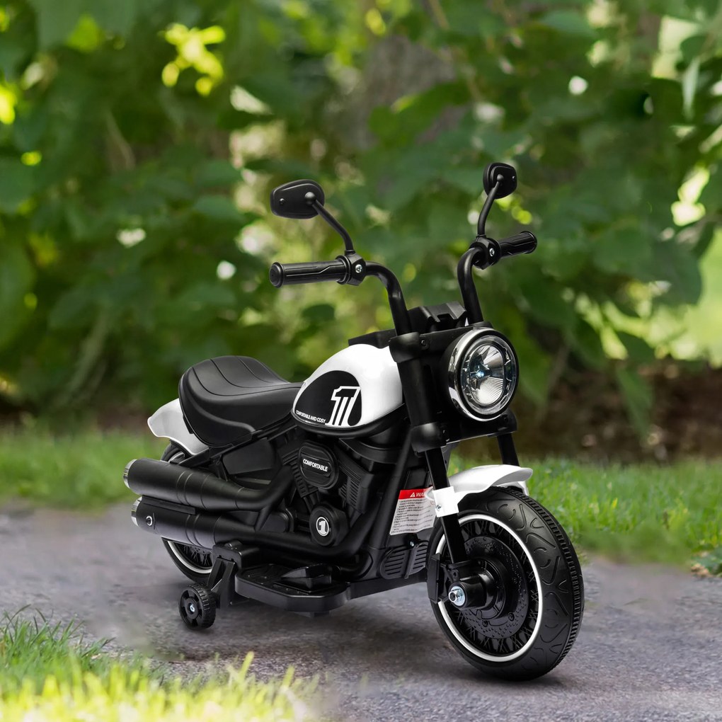 HOMCOM Motocicletă Electrică pentru Copii 18-36 Luni cu Roți Ajutătoare și Far, 76x42x57 cm, Alb și Negru | Aosom Romania