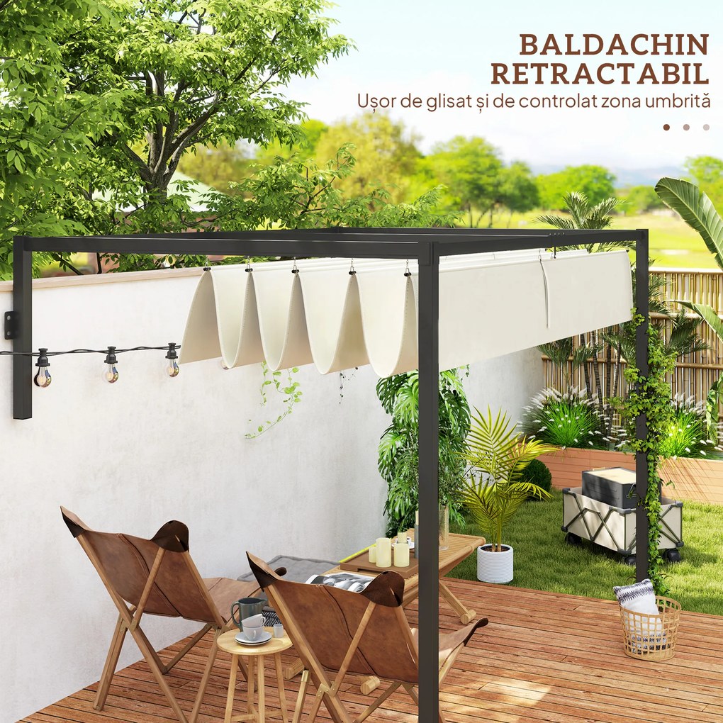 Outsunny Pergolă 3 x 4m Montată pe Perete, Pergolă Metalică cu Acoperiș Retractabil pentru Grătar, Grădină, Terasă, Deck | Aosom Romania