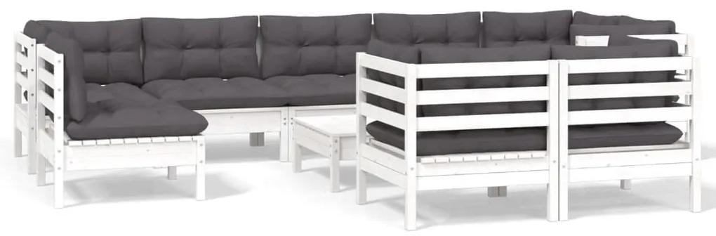 Set mobilier gradina cu perne, 10 piese, alb, lemn masiv pin Alb, 1