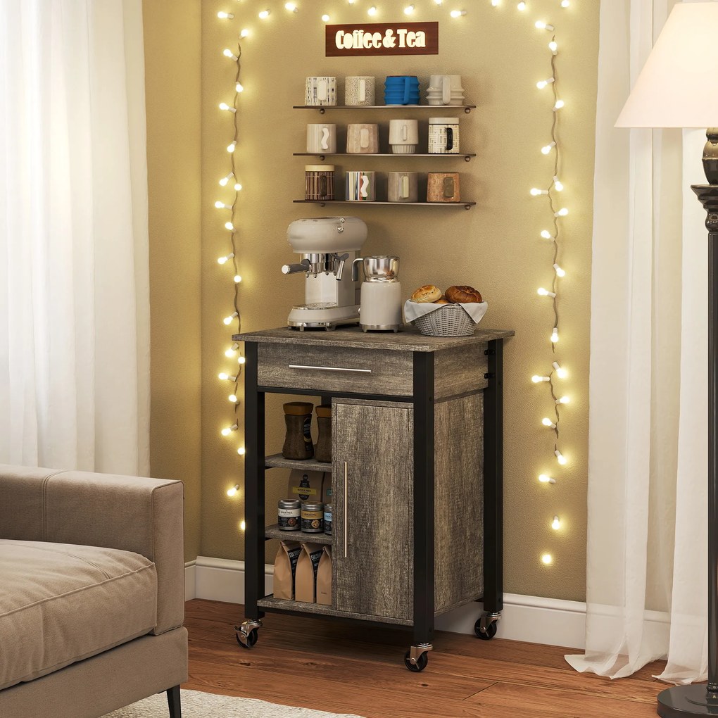 Carucior de bucatarie HOMCOM cu suport de pahare, sertar, rafturi, 4 roti | Aosom RO