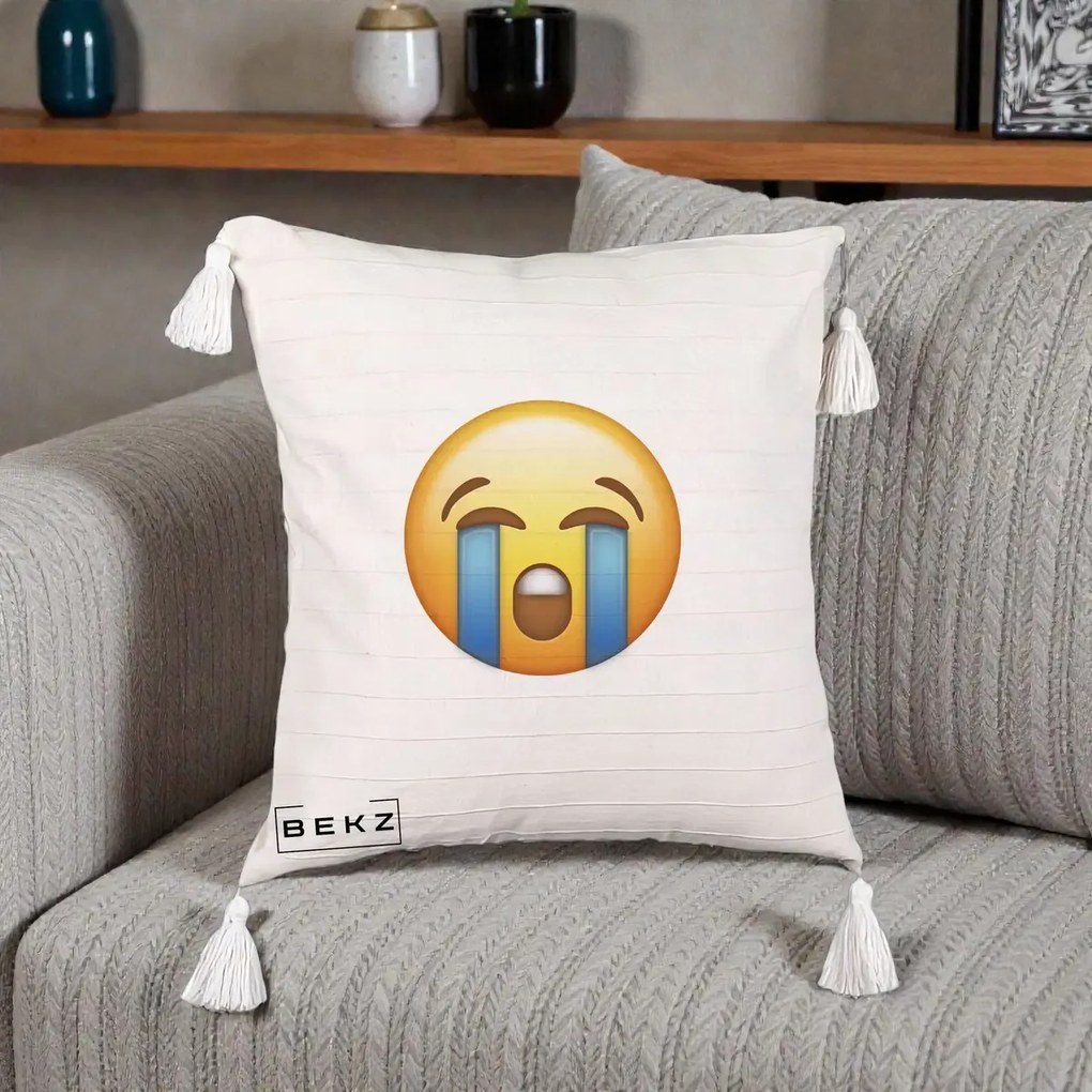 Perna Decorativa Emoji Plange, 40x40 cm, Bej cu Franjuri, Husa Detasabila, Perna Inclusa, BEKZ®