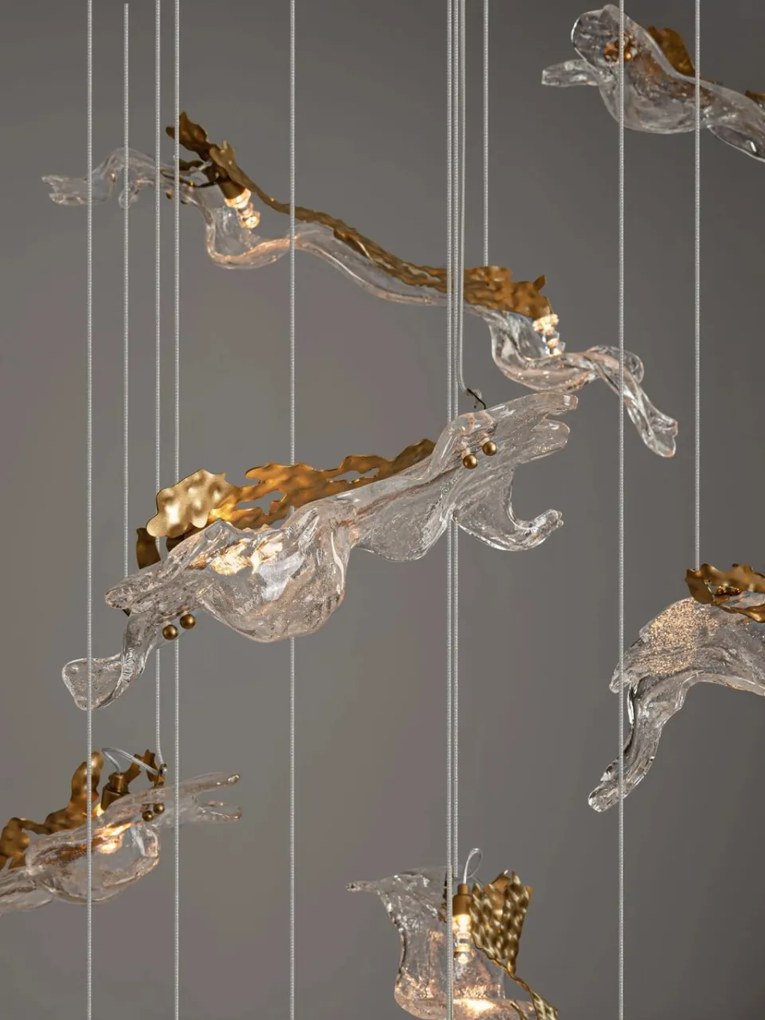 Lustra casa scarii LED otel auriu si sticla transparenta AVESA