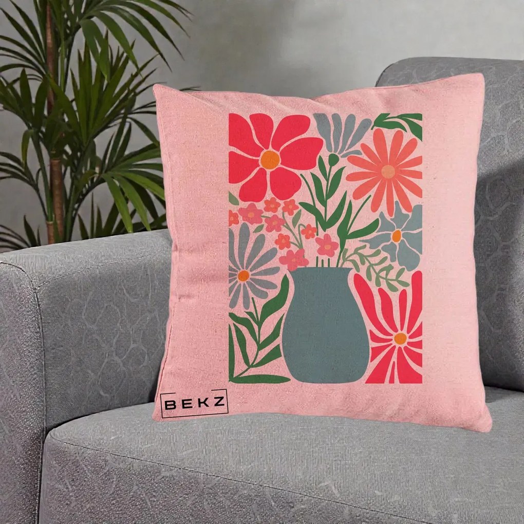 Perna Decorativa Flori in Vaza Turcoaz, 40x40 cm, Roz, Husa Detasabila, Perna Inclusa, BEKZ®