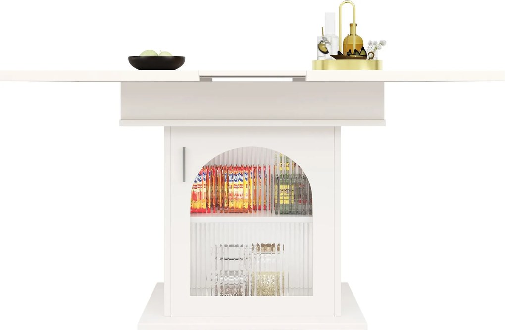 Masă de dining extensibilă cu 3 rafturi și uși din sticlă, 110-140x80x76 cm, Alb