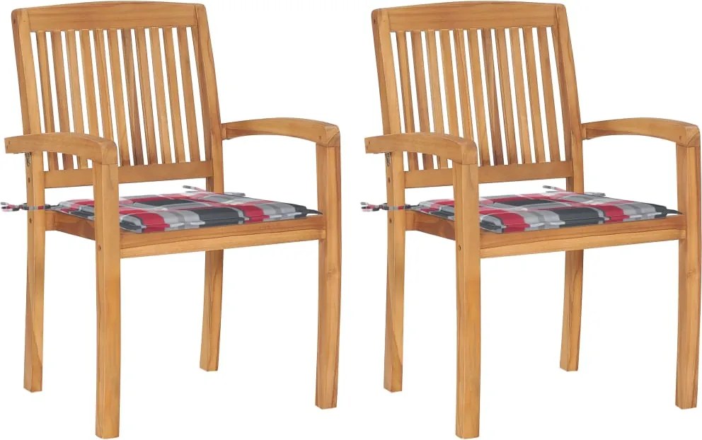 vidaXL Scaune grădină perne roșii model carouri, 2 buc. lemn masiv tec