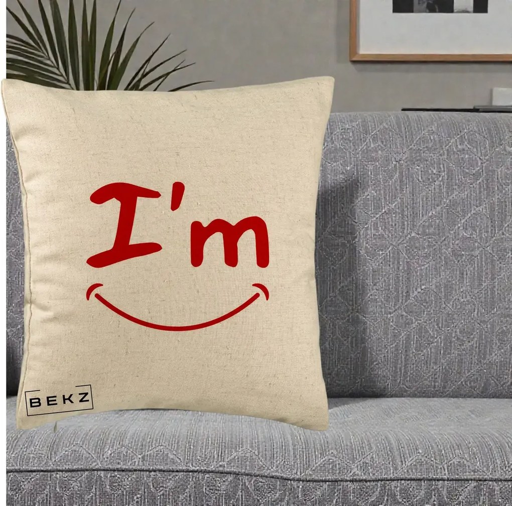 Perna Decorativa I'm Happy Smile, 40x40 cm, Bej, Husa Detasabila, Perna Inclusa, BEKZ®