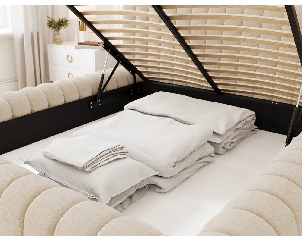 Pat matrimonial bej tapițat cu spațiu de depozitare cu somieră 180x200 cm Carilla – ELTAP