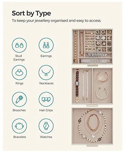Cutie de bijuterii, Songmics, 3 straturi, 2 sertare, JBC239WT, Alb-Auriu