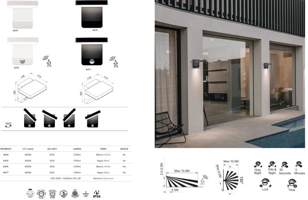 Aplica de perete exterior LED, Protectie IP54, Senzor de miscare, Cooper alb MA-8476