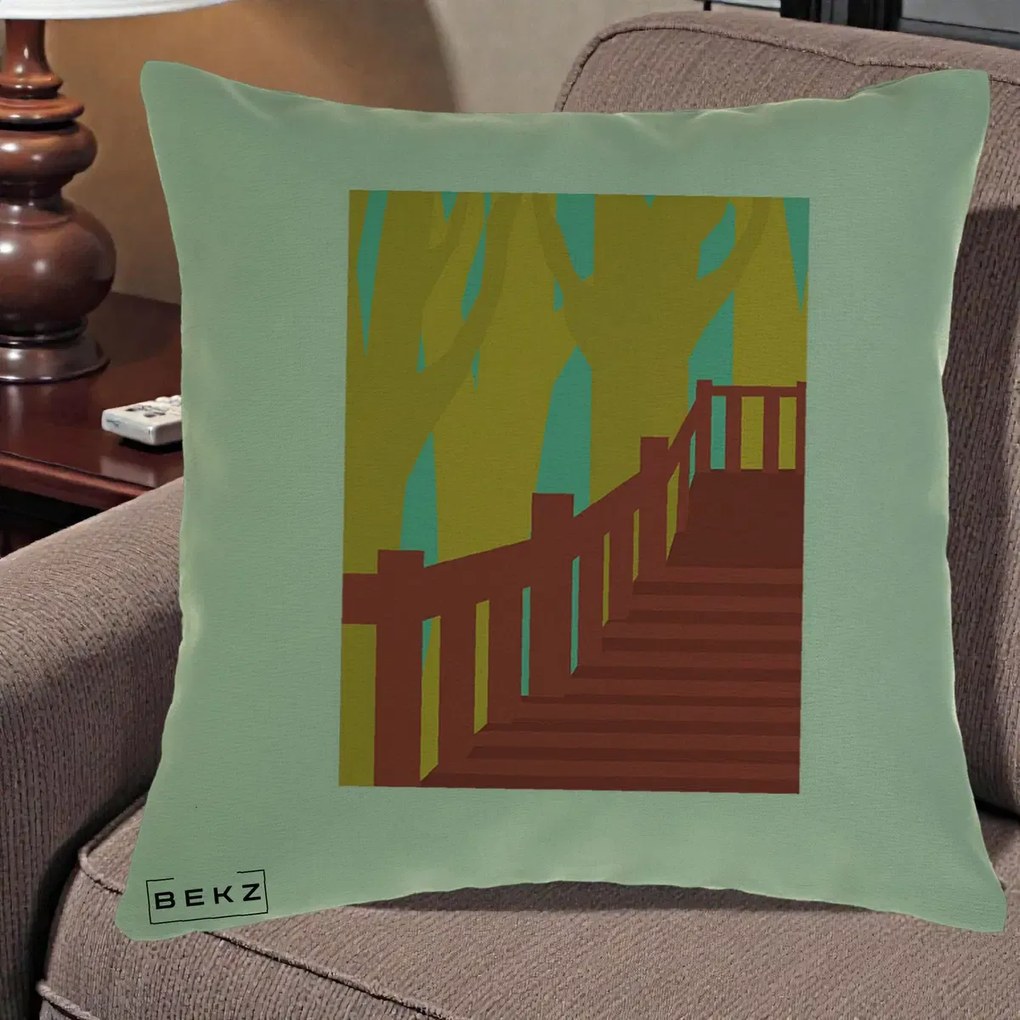 Perna Decorativa Scari Toamna Peisaj Grafic, 40x40 cm, Verde, Husa Detasabila, Perna Inclusa, BEKZ®