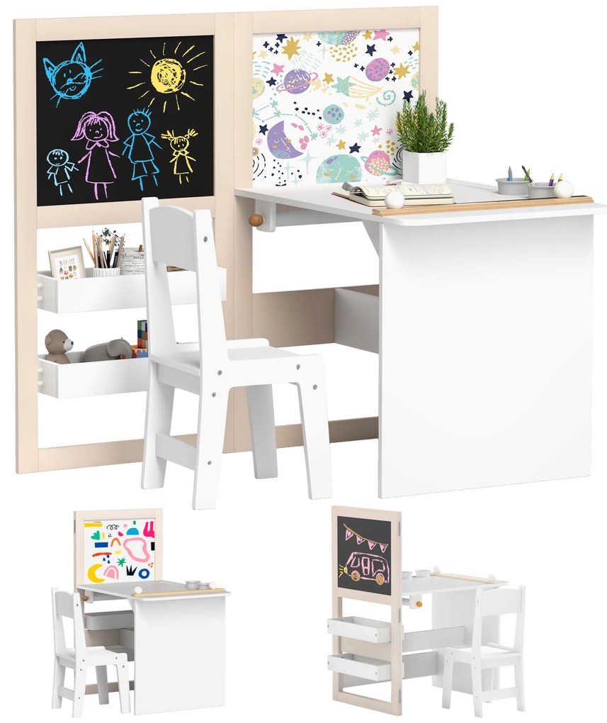 AIYAPLAY Masă copii cu scaun 3 în 1 cu chevalet pliabil rafturi de depozitare, roleu de hârtie - 3 până la 8 ani, alb | Aosom Romania