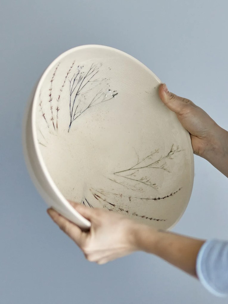 Bol de servire din ceramică, natur, cu ilustrații botanice pictate manual, 30.5x11 cm, „Bea"