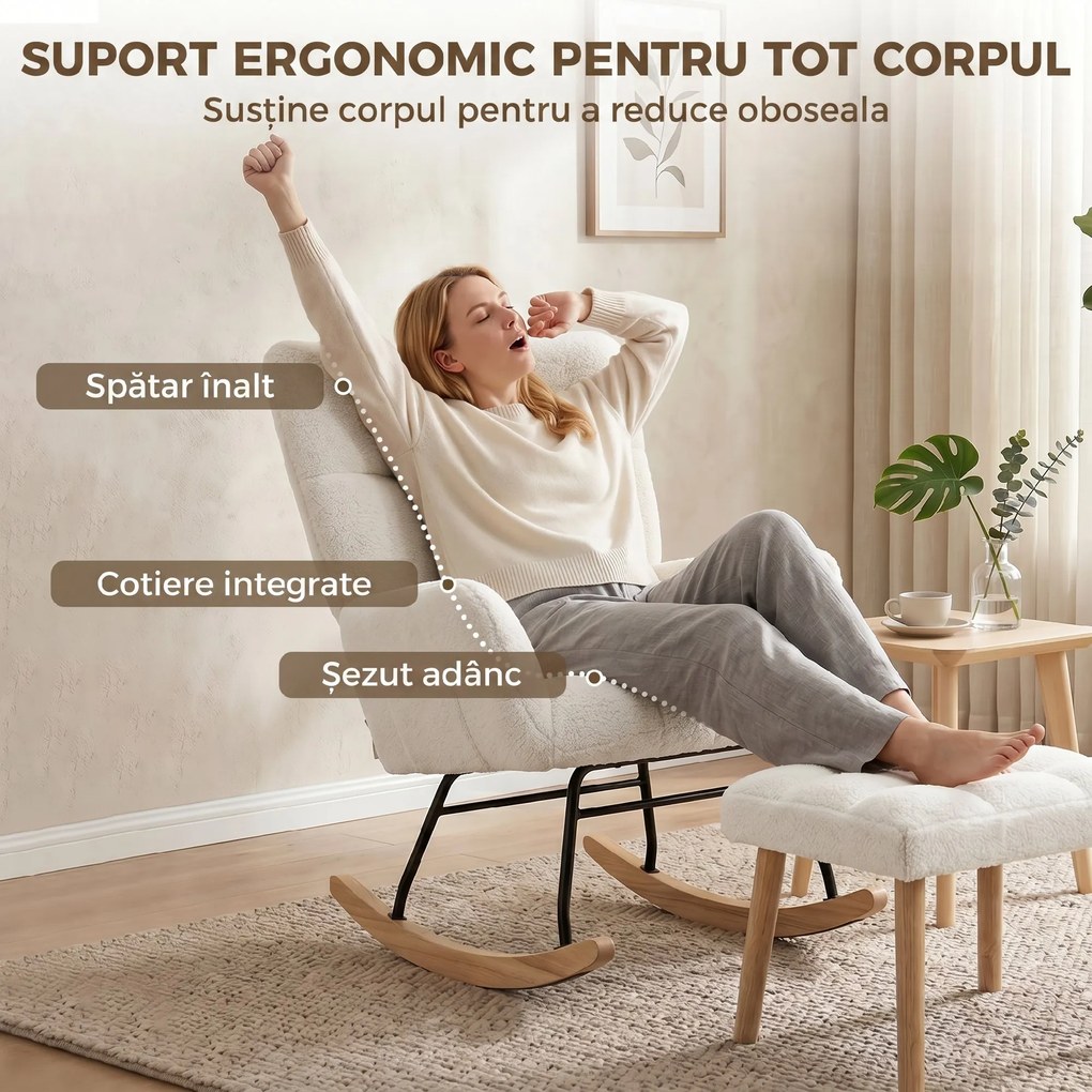 HOMCOM Fotoliu Balansoar din Sherpa cu Taburet, Buzunare Laterale, Șezut Gros, Design Matlasat, Crem | Aosom Romania