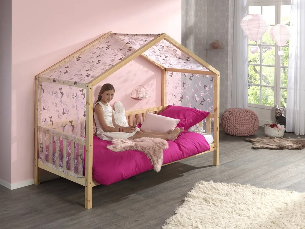 Set DALLAS culoare lemn natural este format dintr-un Pat copii Vipack cu gard (90 x 200 cm) și un set textil.