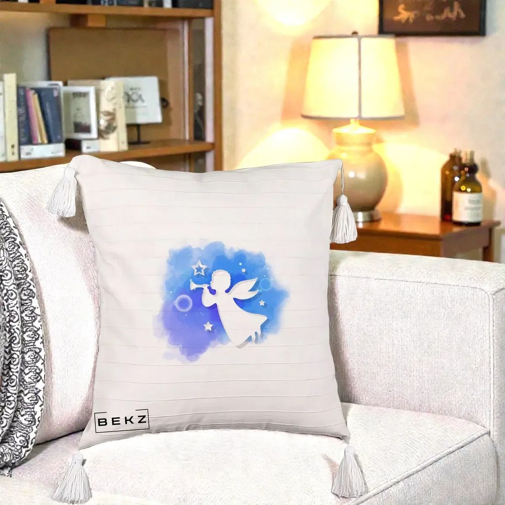 Perna Decorativa Inger cu Trompeta Albastru, 40x40 cm, Bej cu Franjuri, Husa Detasabila, Perna Inclusa, BEKZ®