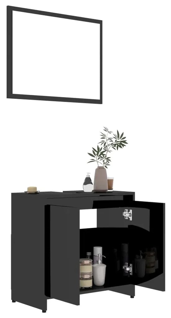 Set mobilier de baie, 3 piese, negru extralucios, PAL negru foarte lucios, 1