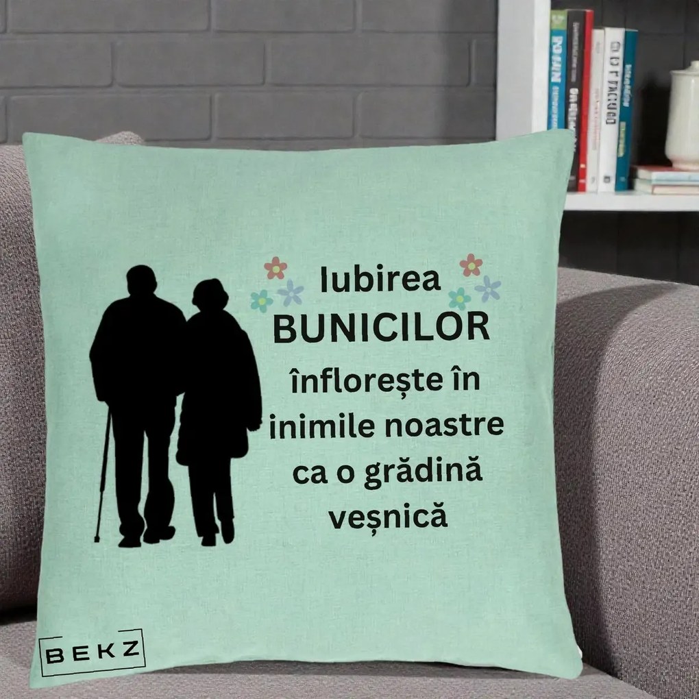 Cadou pentru Bunici - Perna Personalizata Bunicii Iubirea Infloreste Silueta Neagra Flori, 40x40 cm, Verde Menta, Husa Detasabila, Perna Inclusa, BEKZ®