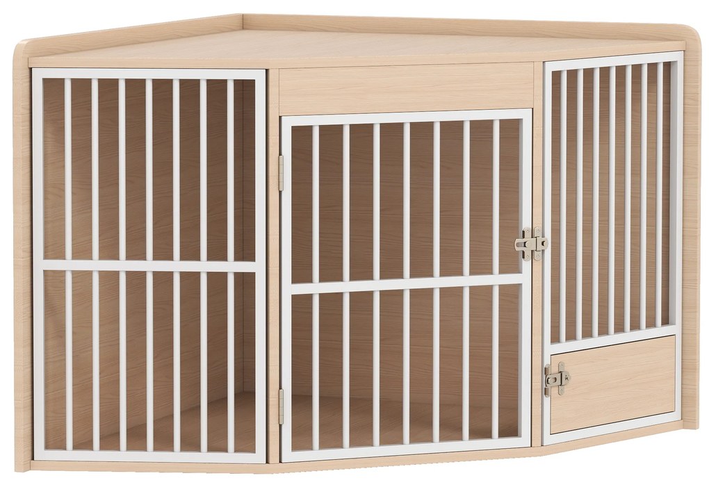 PawHut Cușcă de colț pentru câine, masă auxiliară, cu ușiță rotativă, pentru câini mici și mijlocii 113 x 80 x 64 cm, stejar | Aosom Romania