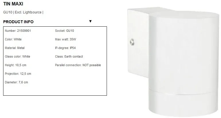 Aplica de perete exterior IP54 Tin Maxi alb 21509901 NL