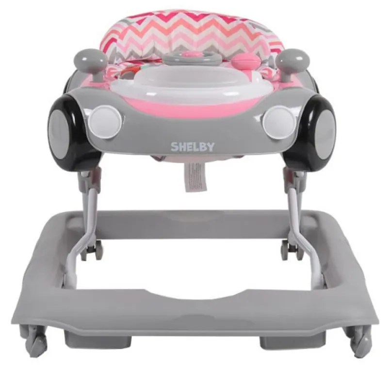 Premergator Reglabil in 3 Trepte NOVOKIDS™ Shelby Mini Car , Roti silentioase, Pliabil, 8 Roti, Cu Melodii si volan, Model Masinuta, Roz