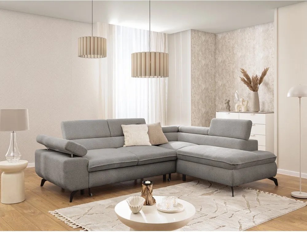 Colțar gri deschis cu tapițerie din chenille (cu colț pe partea dreaptă/în formă de ”L”) Marbeya – Ropez