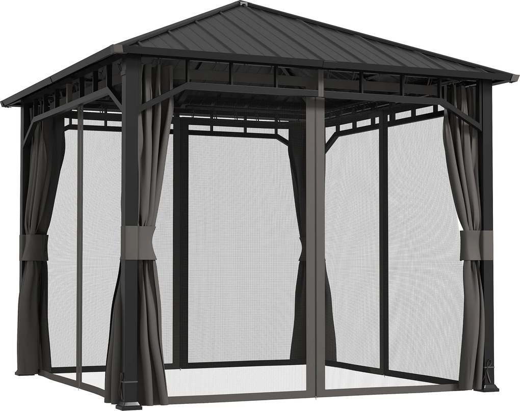 Outsunny Pavilion 3 x 3 m impermeabil stabil rezistent la iarnă pavilion de grădină cu părți laterale, plase, cârlige, acoperiș rigid Gri închis | Aosom Romania