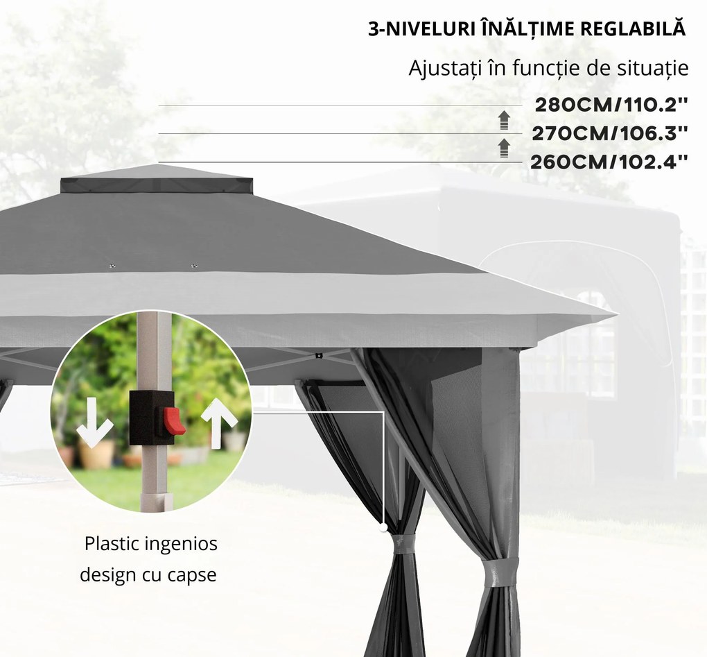 Outsunny Pavilion Pliabil cu Pereți din Plasă, Înălțime Reglabilă și Protecție UV, 356x356x280 cm, Gri | Aosom Romania