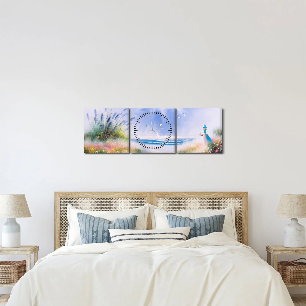 Tablou - Plaja romantică, pictură în ulei (cu ceas) (90x30 cm)