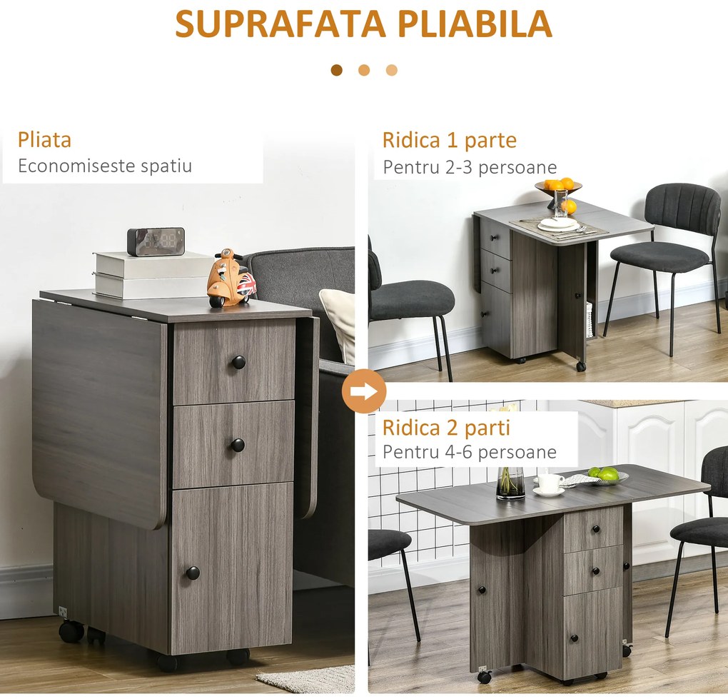 HOMCOM Masă Extensibilă pe 6 Roți cu 2 Sertare și Dulap cu Uși, din Lemn, 120x60x76.5 cm, Gri | Aosom Romania