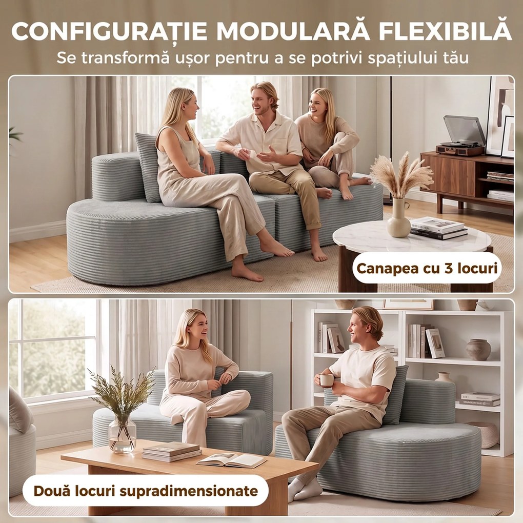 HOMCOM Canapea modulară 3 locuri, cu șezut lat și adânc, arcuri împachetate individual, catifea reiata, gri deschis | Aosom Romania