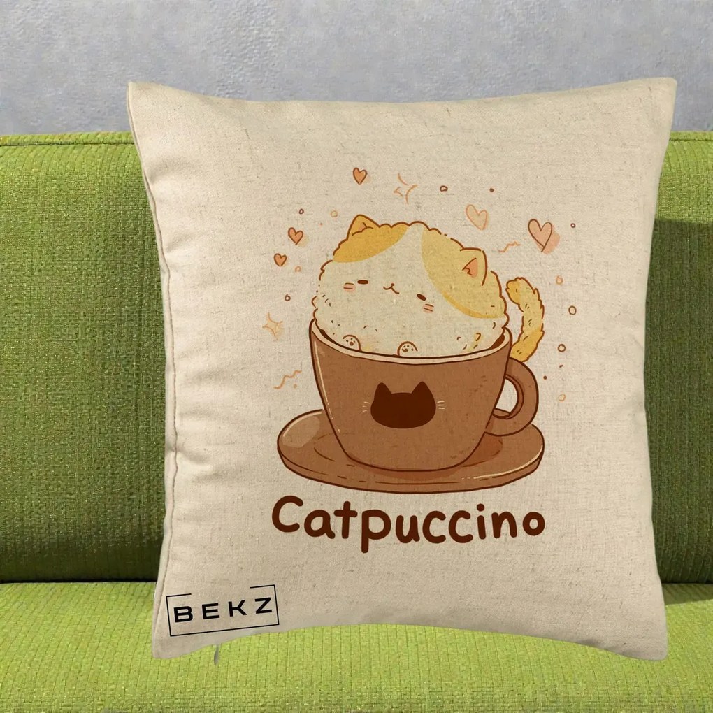 Perna Decorativa Catpuccino Pisica Cappuccino, 40x40 cm, Bej, Husa Detasabila, Perna Inclusa, BEKZ®