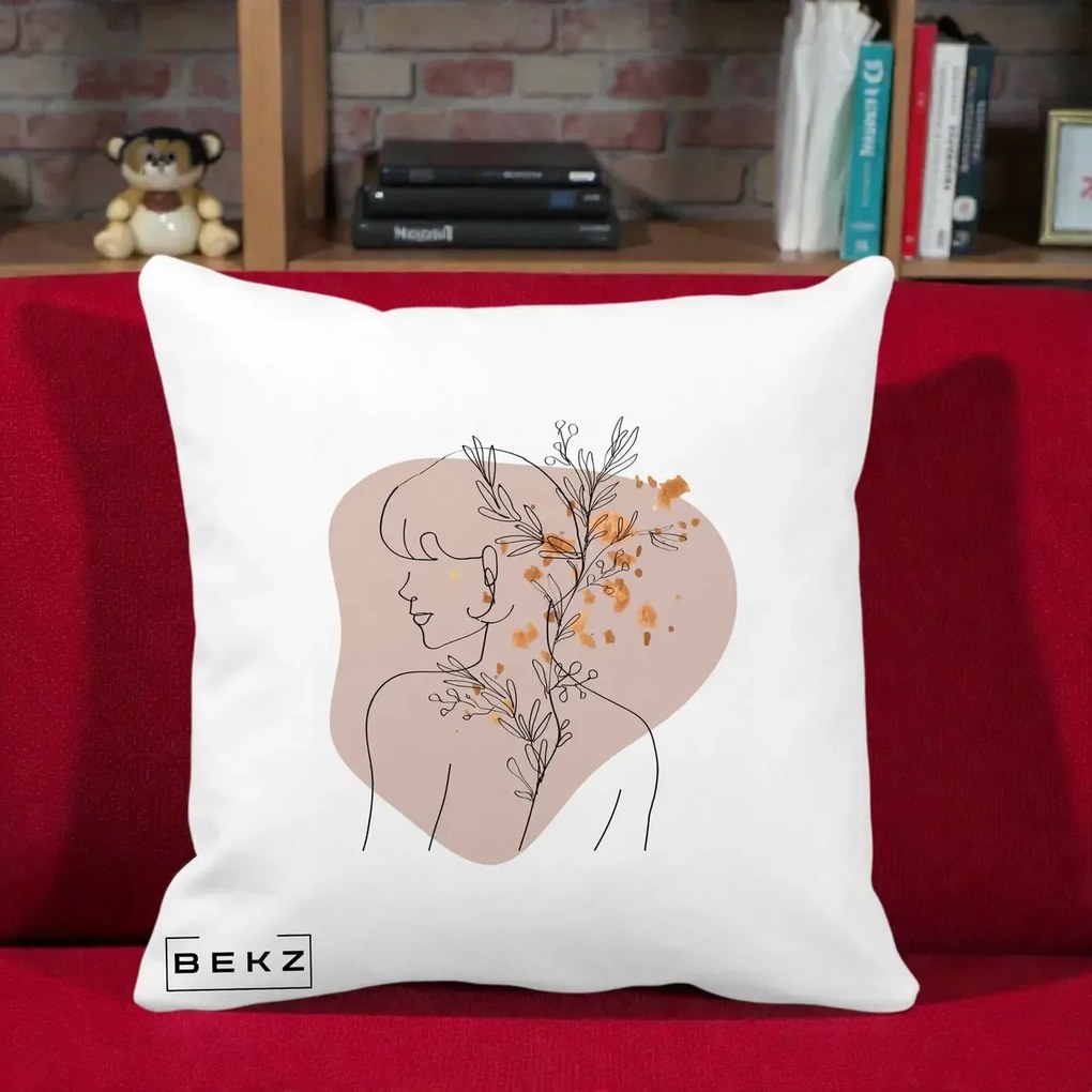 Perna Decorativa Femeie cu Flori Line Art Boho, 40x40 cm, Alba Mata, Husa Detasabila, Perna Inclusa, BEKZ®