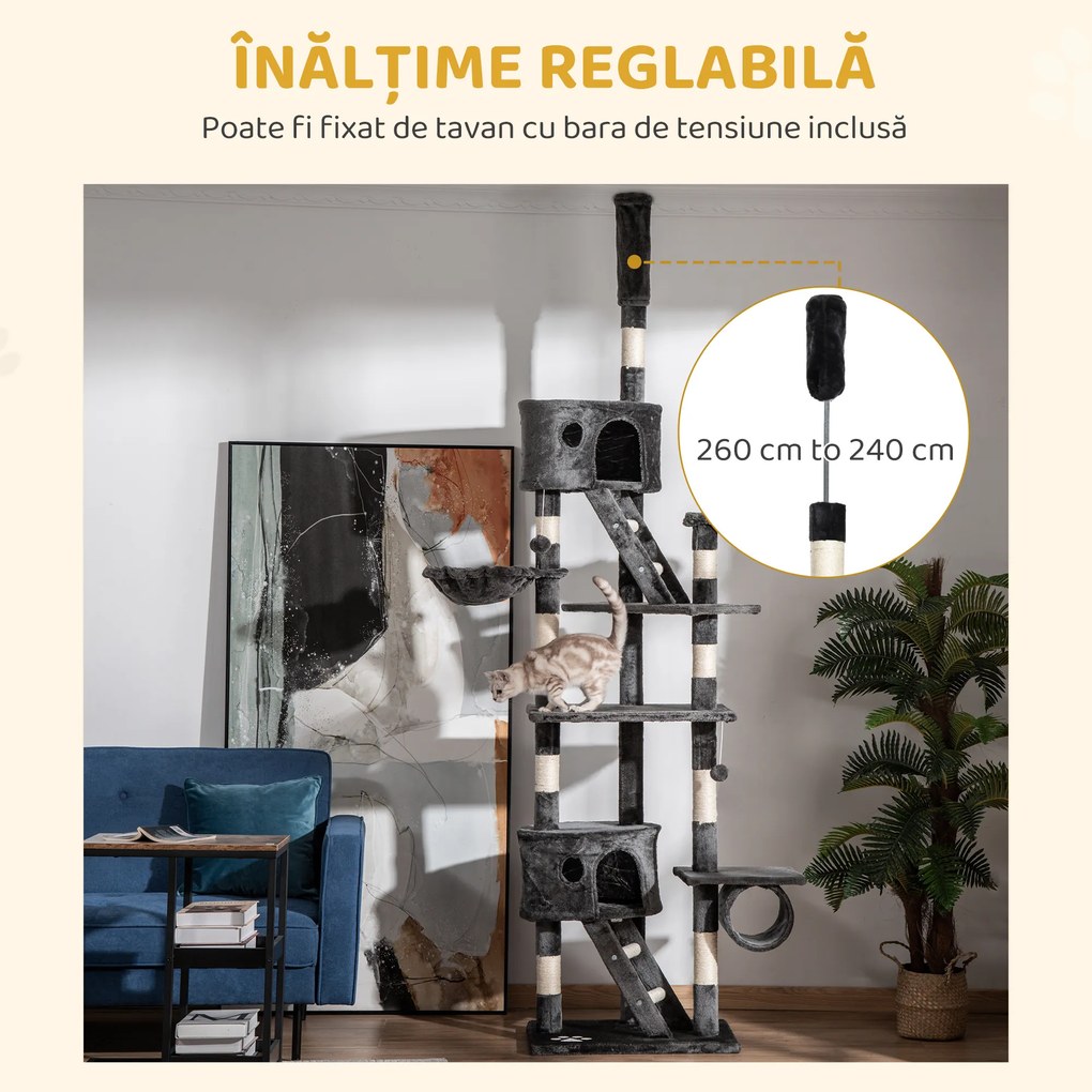 PawHut Ansamblu de Joacă de Tavan pentru Pisici Multinivel cu Înălțime Reglabilă 240-260 cm, cu Cuști și Scări, Gri | Aosom Romania