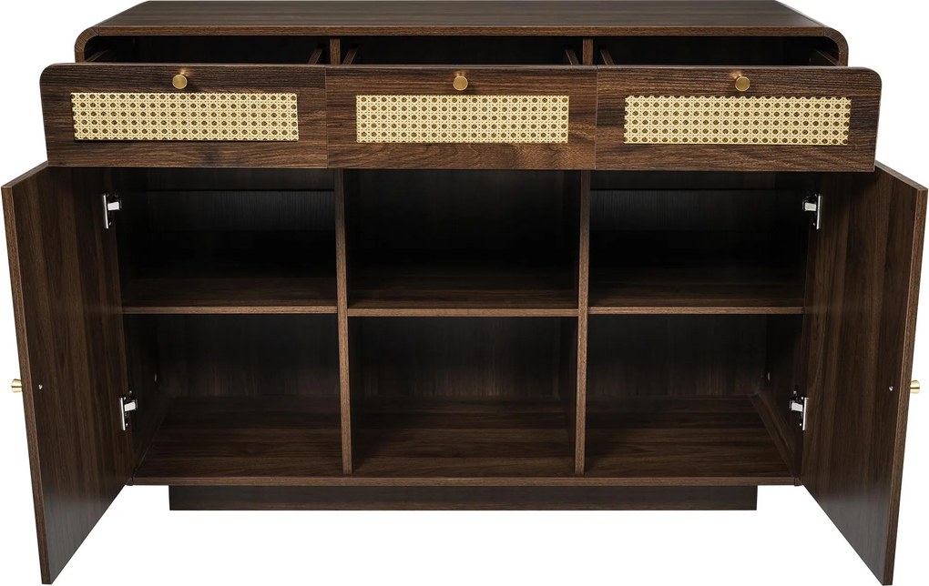 Comodă bufet, 3 sertare + 2 dulapuri cu raft central deschis și fețe din ratan, 120x40x85 cm, Maro