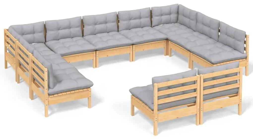 Set mobilier gradina cu perne, 11 piese, gri, lemn masiv pin Maro  si gri, 1