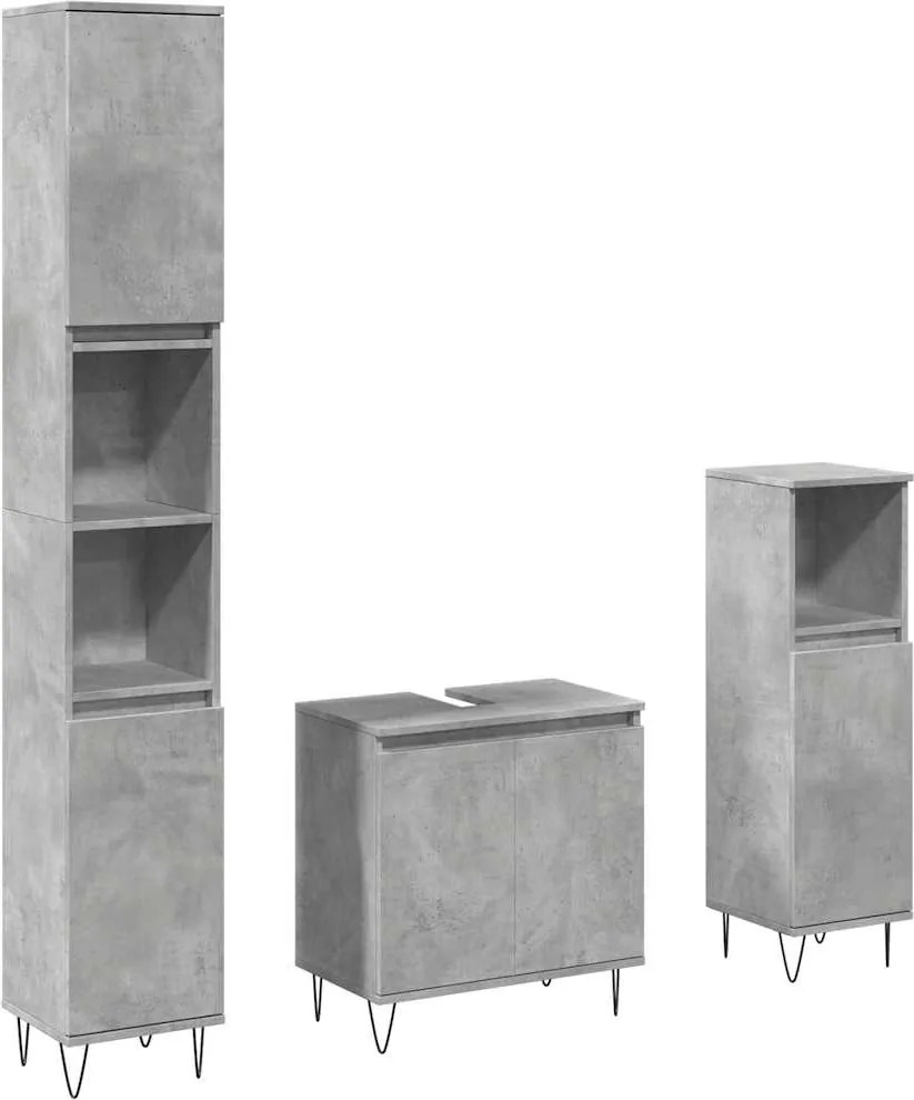 vidaXL Set mobilier de baie, 3 piese, gri beton, lemn compozit