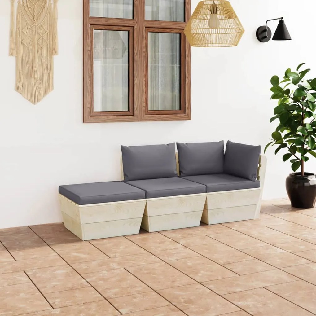 3063420 vidaXL Set mobilier grădină din paleți cu perne, 3 piese, lemn molid