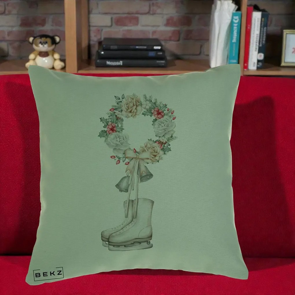 Perna Decorativa Patine cu Coroana Florala de Craciun, 40x40 cm, Verde, Husa Detasabila, Perna Inclusa, BEKZ®