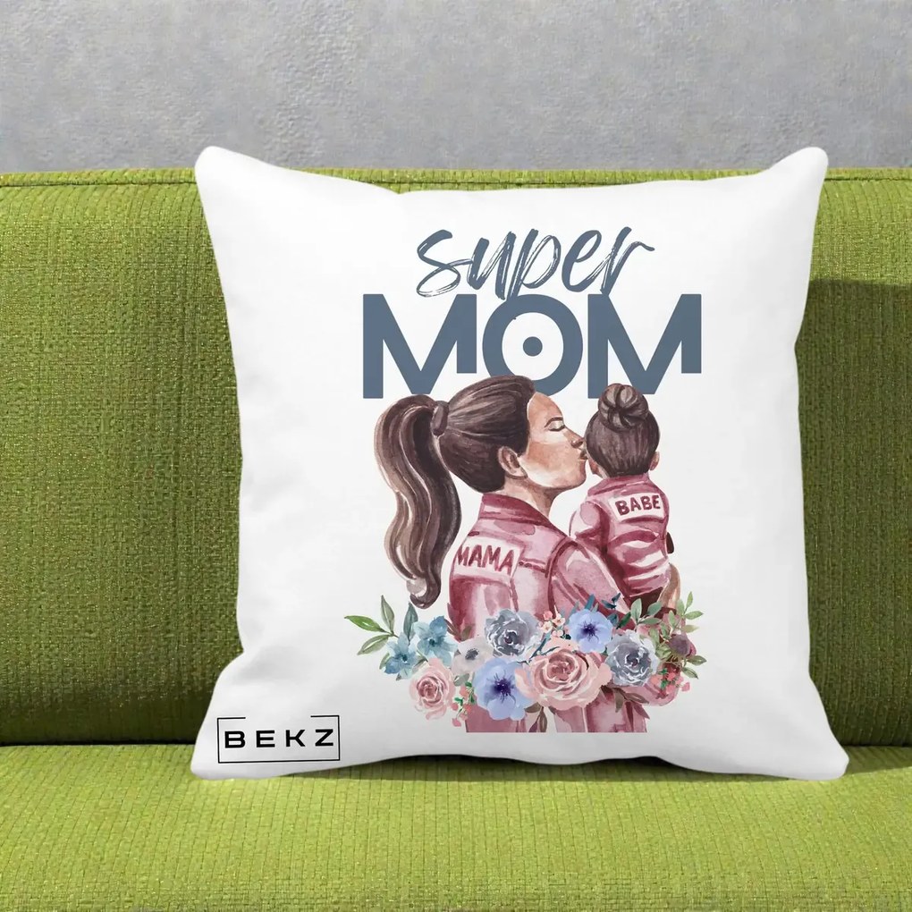 Cadou pentru Mama - Perna Personalizata Super Mom Mama cu Bebelusul, 40x40 cm, Alba Mata, Husa Detasabila, Perna Inclusa, BEKZ®